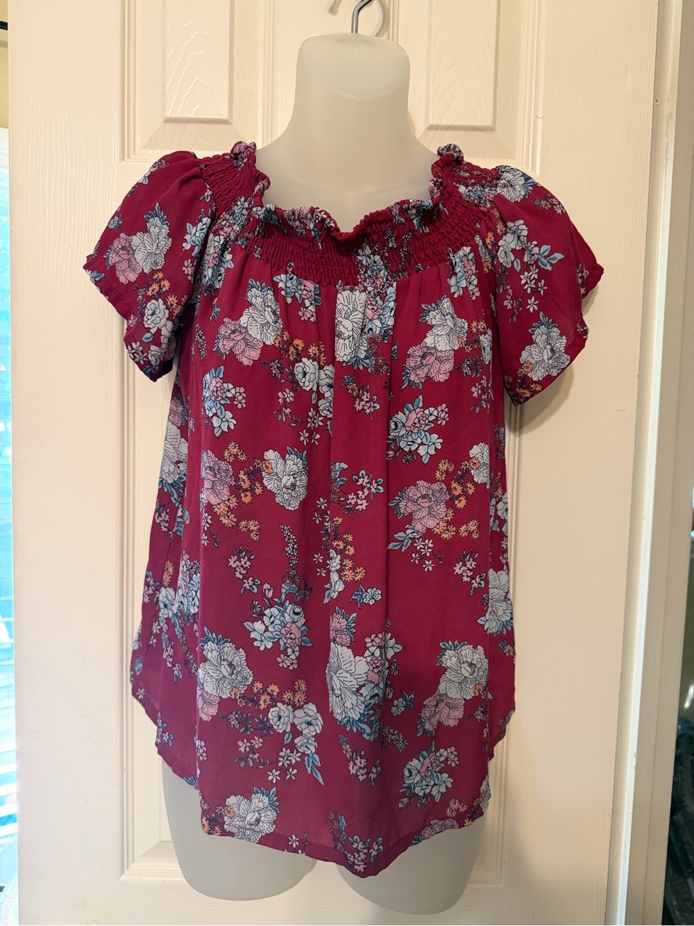 Pink Republic Floral Smocked Neck Blouse - Magenta